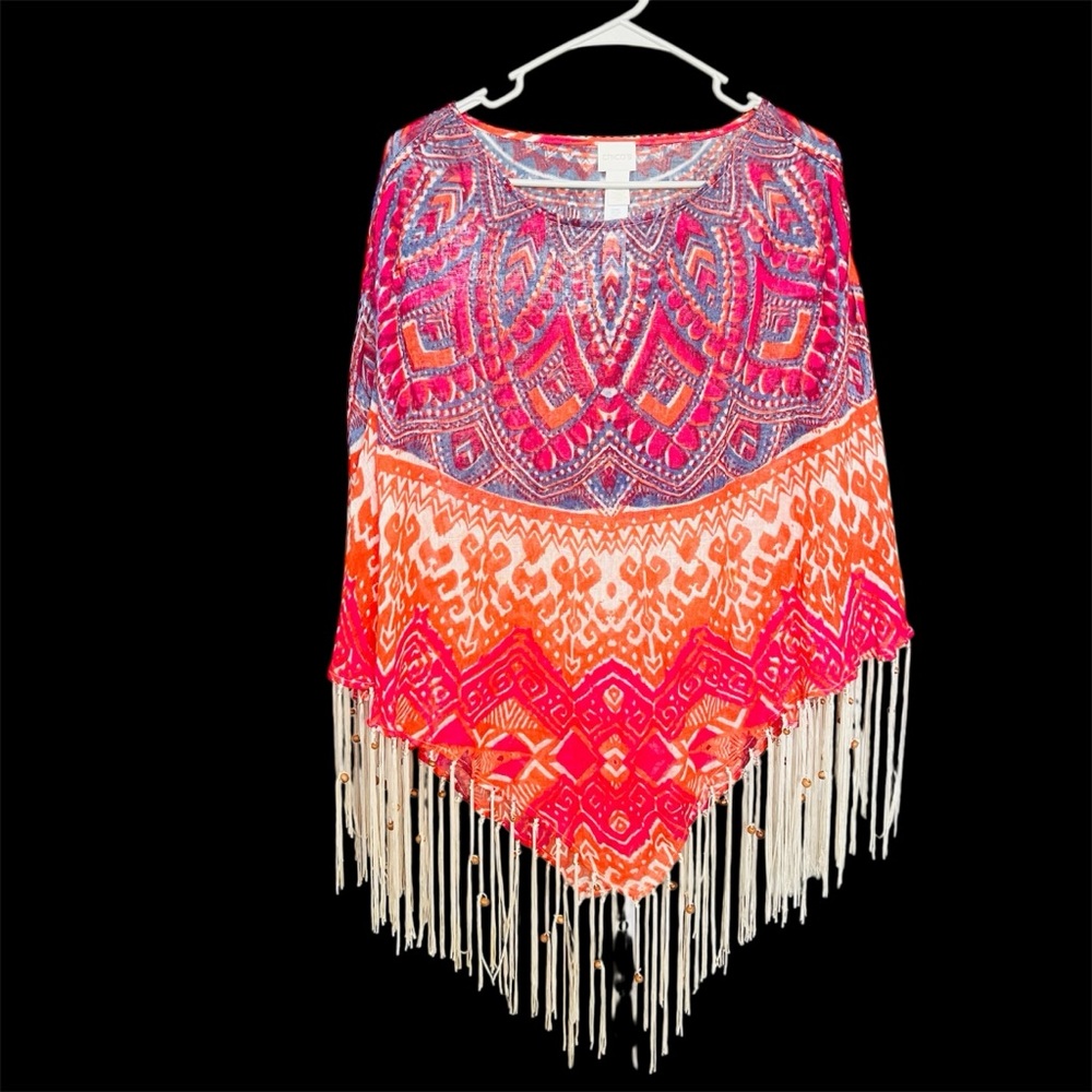Chico's Phoebe Linen Poncho Multicolor O/S Fringe Lightweight Boho Hipster - Picture 2 of 13